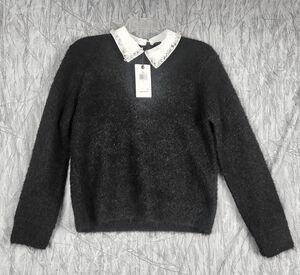 New Ted Baker Black Sweater With White Rhinestone Collar Size S Glam Preppy